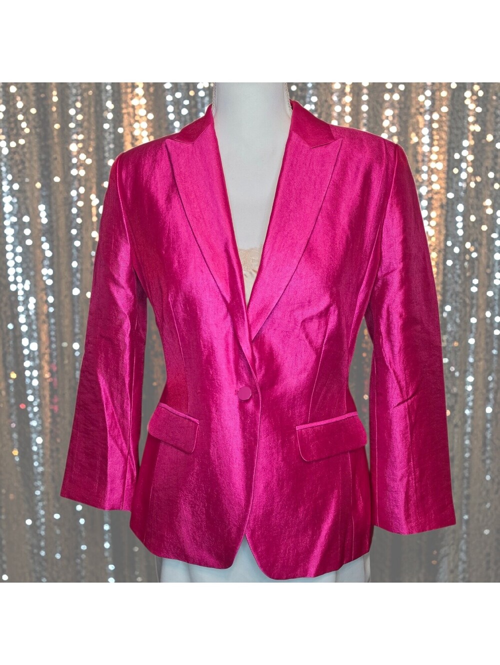 NWT Calvin Klein Size 8 Fuchsia Pink Shimmer Blazer Jacket One Button Office
